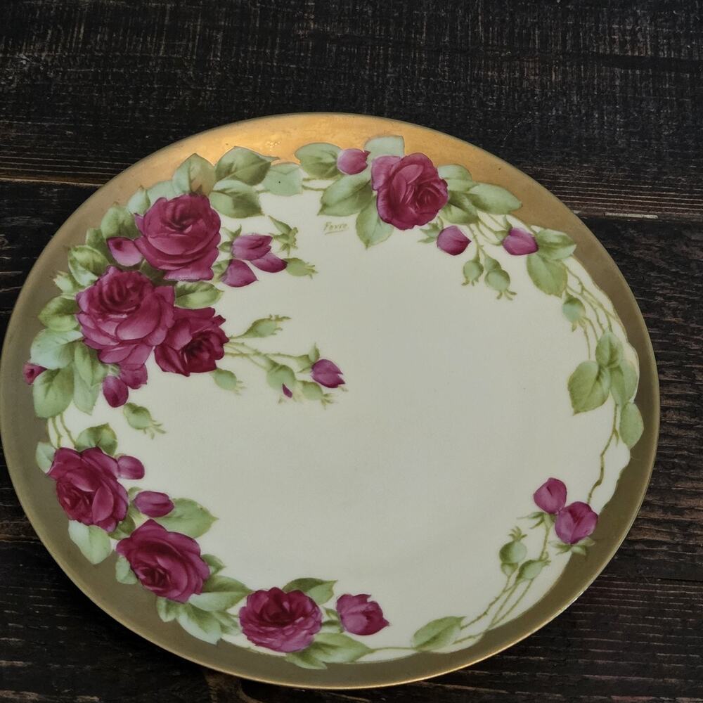 Vintage Tirschenreuth Bavaria Pink Roses Gold Trim 8.25 in Cabinet Plate Signed